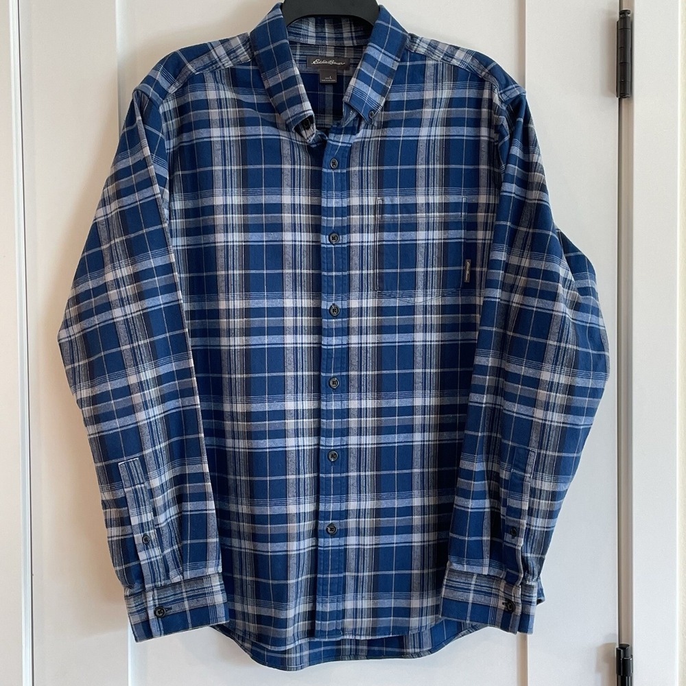 Eddie Bauer Mens Shirt L Flannel Button Up Plaid Blue Fisherman Cowboy Relaxed